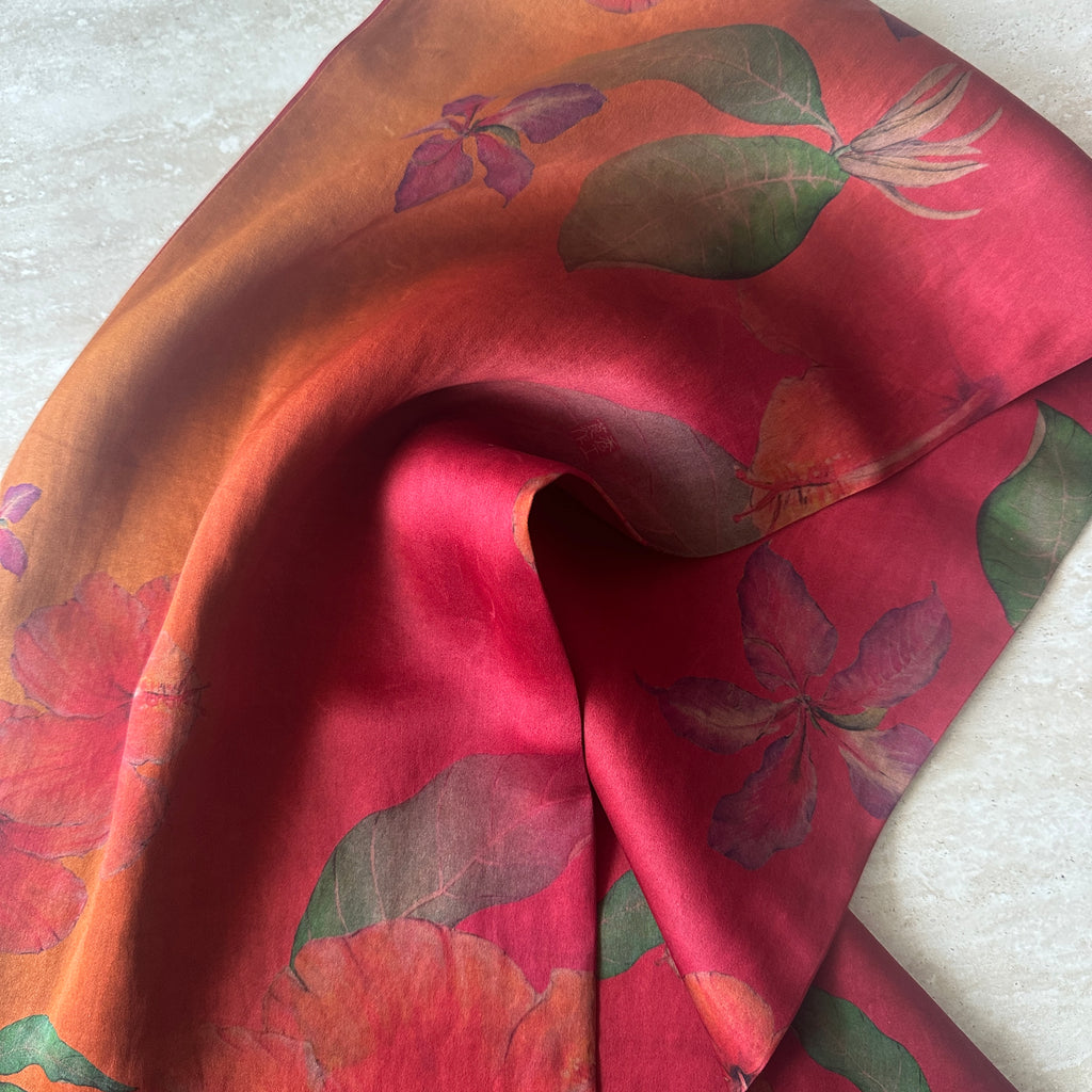 Pre-Dye Printed Xiangyun Silk Scarf – Handmade Oriental Floral Art, Natural Plant-Dyed Heritage Wrap